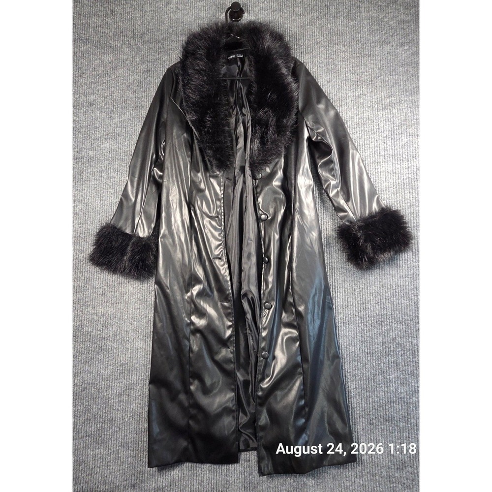 SHEIN Womens Faux Leather Trench Coat Black Faux Fur Trim Longline Jacket Small